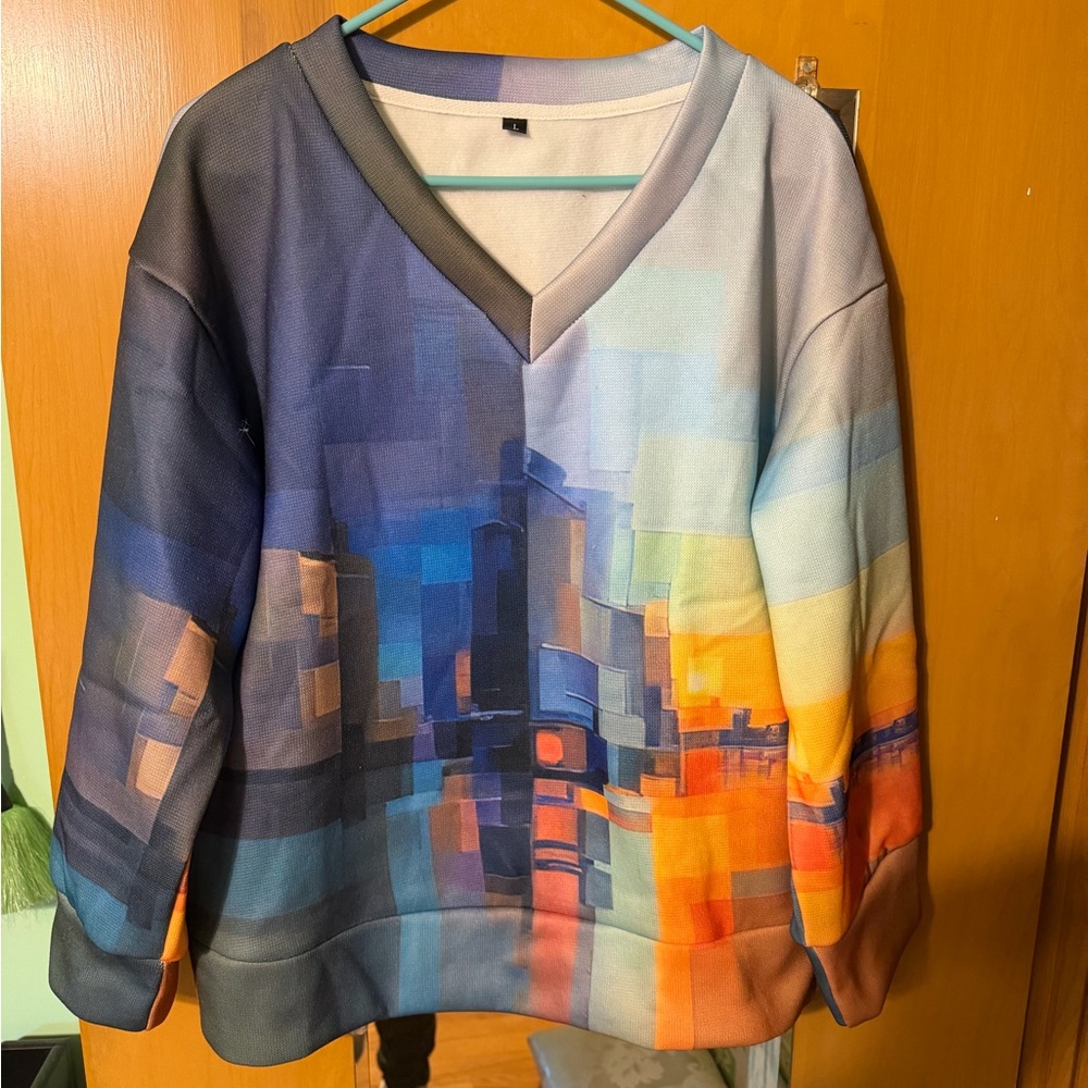 Abstract Multicolor V-Neck Sweater